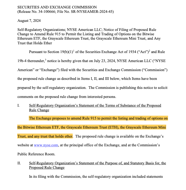 NYSE American heeft verzocht om opties te noteren voor drie ETH ETF's. Bron: SEC