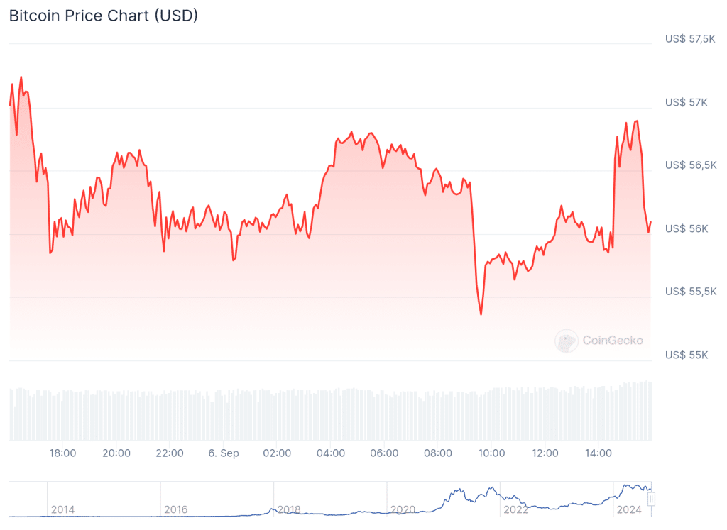 De prijs van BTC reageerde snel op het rapport dat de Amerikaanse overheid uitbracht, omdat het de laatste tijd bijzonder gevoelig is voor alles wat uit de grootste economie ter wereld komt. Het ging van $ 55.500 naar $ 57.000 in een kwestie van minuten, maar is er voorlopig niet in geslaagd dat niveau te doorbreken.