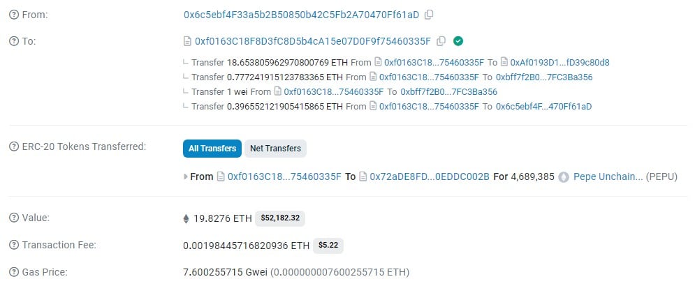 PEPU-ETH transactie, Etherscan