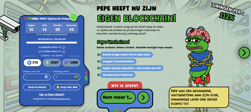 Pepe Unchained heeft inmiddels al een bedrag van $19,693,269.44 weten op te halen tijdens de presale - Bron: Pepe Unchained