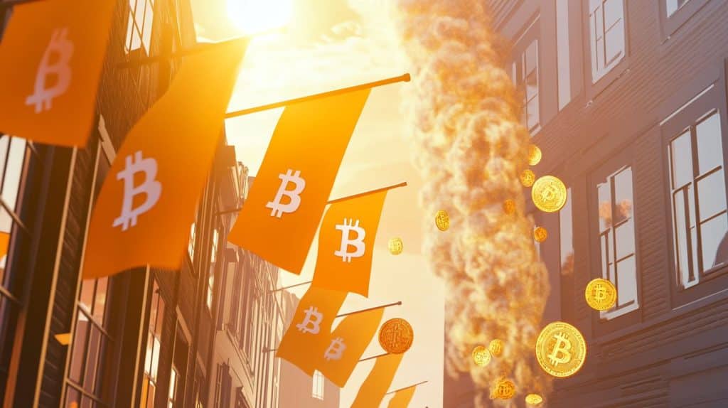 oranje bitcoin vlaggen in de straat