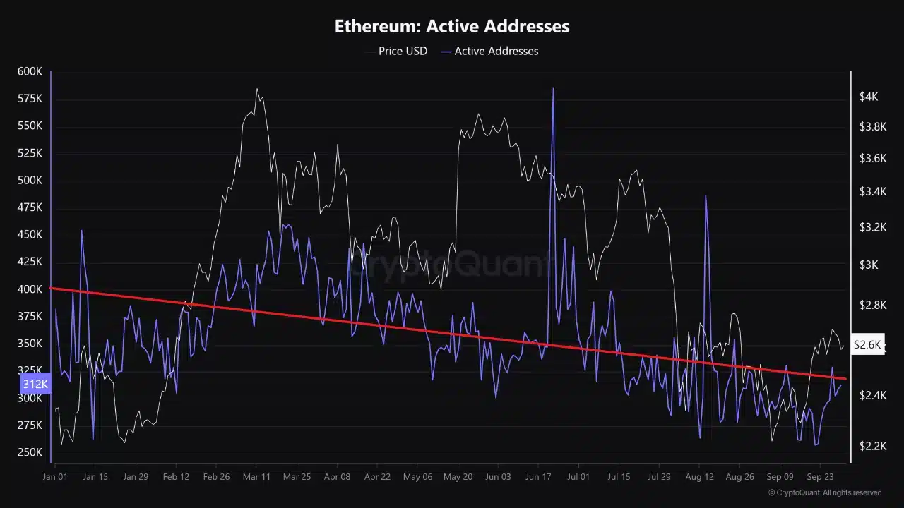 daling ethereum actieve adressen