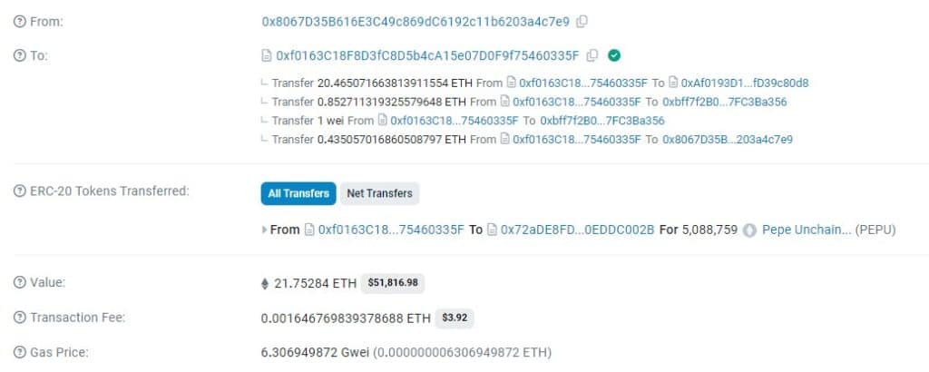 PEPU transaction, bron Etherscan