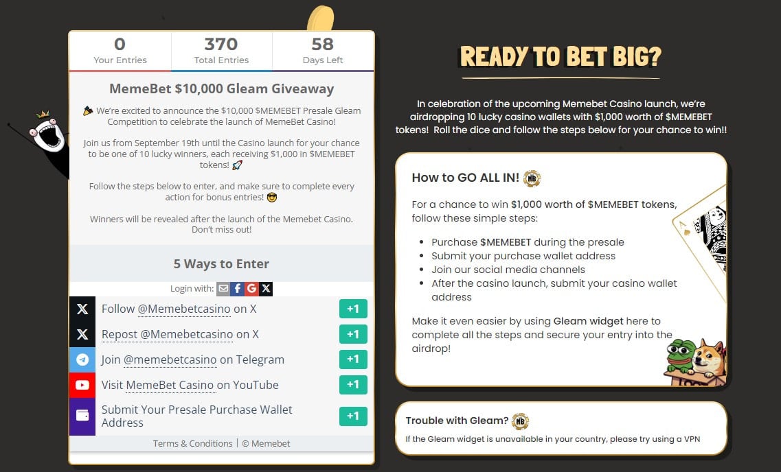 memebet gleam giveaway