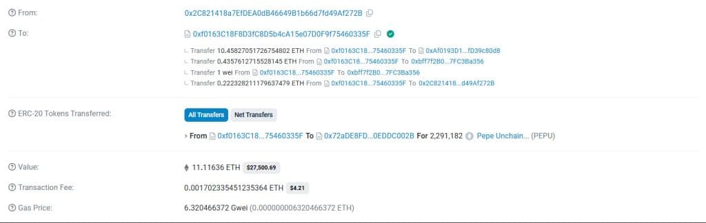 Details van whale aankopen van $PEPU token - Bron: Etherscan