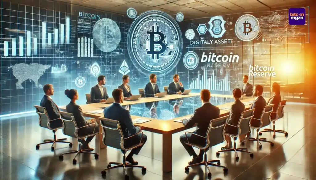 Professionele vergadering met crypto-experts die beleid bespreken rond Bitcoin, blockchain en een nationale crypto-strategie.