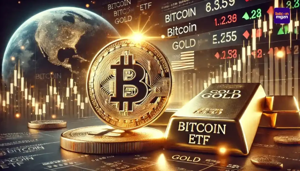 Afbeelding van een financiële markt met prominente Bitcoin-ETF en goud-ETF symbolen, die groei in Bitcoin-markt tonen na Trumps verkiezingswinst.