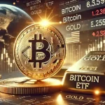 Afbeelding van een financiële markt met prominente Bitcoin-ETF en goud-ETF symbolen, die groei in Bitcoin-markt tonen na Trumps verkiezingswinst.