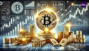 Illustratie van een gloeiende Bitcoin-munt die traditionele financiële symbolen zoals goud, vastgoed en aandelen overschaduwt, tegen een achtergrond van een futuristisch blockchain-netwerk.