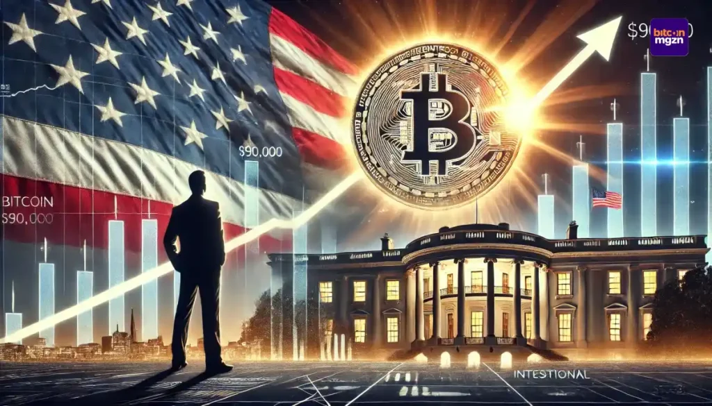 Afbeelding van Bitcoin koersstijging naar $90.000, met Amerikaanse vlag en grafiek die groei symboliseren onder invloed van mogelijke pro-crypto Trump administratie.