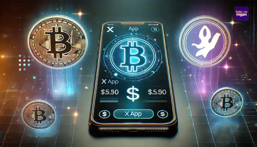 Afbeelding van het X-platform met een prominente $-knop en symbolen van Bitcoin en Doge, die wijzen op de toekomst van crypto-betalingen.