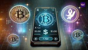 Afbeelding van het X-platform met een prominente $-knop en symbolen van Bitcoin en Doge, die wijzen op de toekomst van crypto-betalingen.