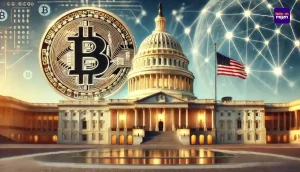 Digitale Bitcoin-munt voor het Capitool met blockchain-elementen en Amerikaanse vlag, symboliserend financiële vrijheid en governance-integratie.