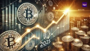 Grafiek van stijgende Bitcoin koers met halveringseffect en toekomstvoorspellingen voor 2025.