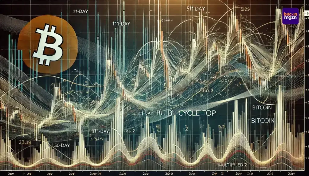Een gedetailleerde prijsgrafiek van Bitcoin met de Pi Cycle Top Indicator, inclusief 111-daagse en 350-daagse voortschrijdende gemiddelden en gemarkeerde kruispunten voor marktpieken.