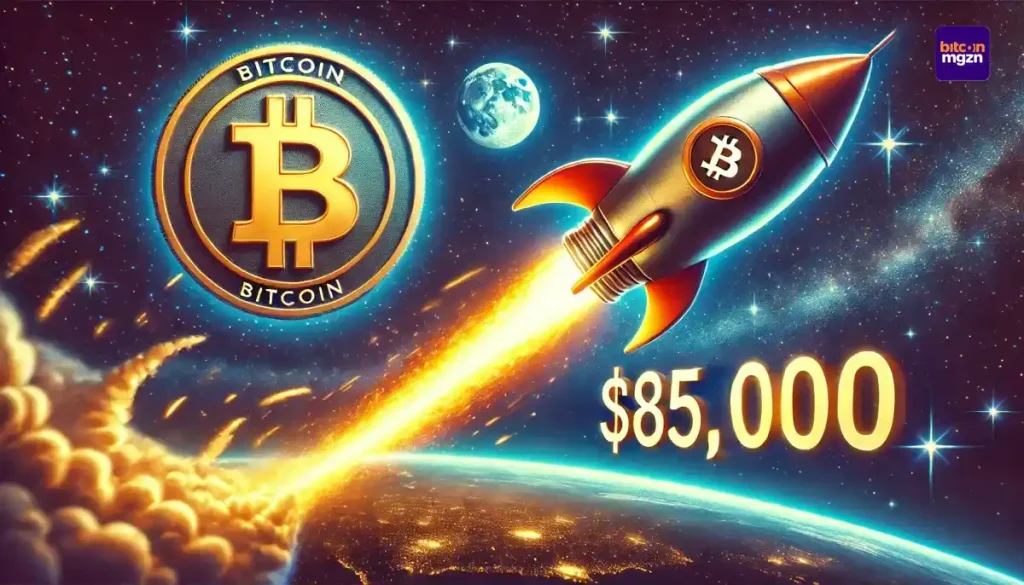 Afbeelding van een Bitcoin-raket met "$85.000" aan de zijkant, opstijgend richting de maan met "$100.000" als doel, symbool voor Bitcoin's koersstijging en optimistische toekomstverwachtingen.