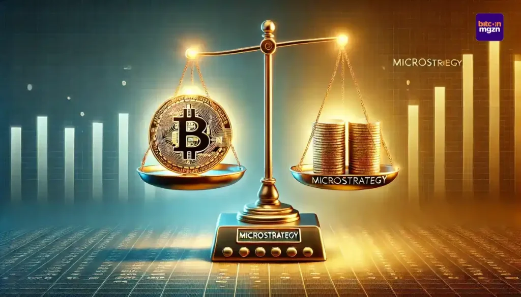 Een balansschaal met een gouden bitcoin aan de ene kant en het MicroStrategy-logo op stapels documenten aan de andere kant, die investeringsopties vergelijken.