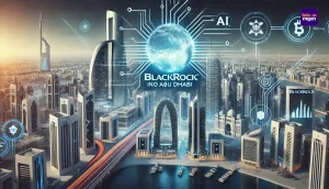 Futuristische illustratie van Abu Dhabi's financiële district met AI- en blockchain-symbolen, geïnspireerd door BlackRock’s uitbreiding.