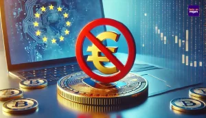 Afbeelding van een euroteken op een crypto-munt met een rode stopteken, symbool voor het einde van USDC-rewards in Europa vanwege MiCA-regelgeving.