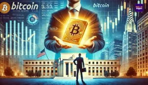 Een zakenman houdt een Bitcoin-symbool en een goudstaaf vast tegen de achtergrond van financiële grafieken en het Federal Reserve-gebouw, die de tegenstelling tussen traditionele en digitale activa benadrukt.