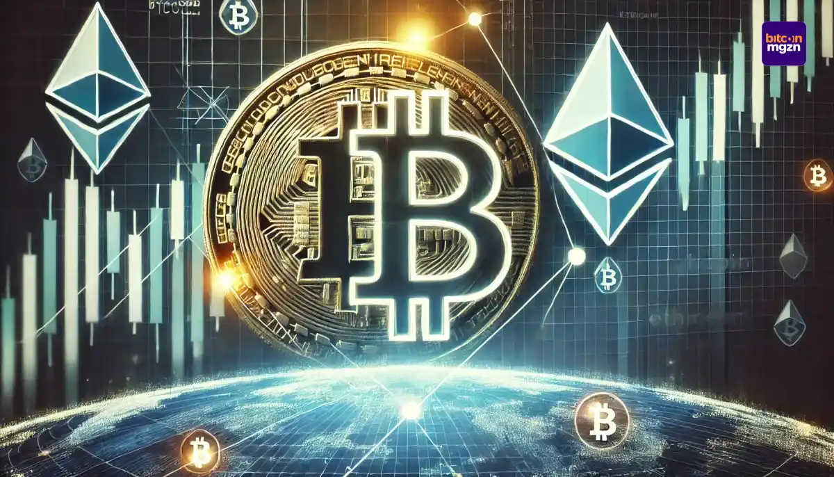 Futuristische weergave van Bitcoin- en Ethereum-symbolen, gecombineerd met een gezondheidszorgbedrijf en stijgende markttrends.