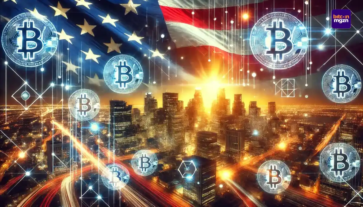 Een futuristische afbeelding van een crypto-revolutie in Amerika, met een samensmelting van de Amerikaanse vlag, Bitcoin-symbolen en blockchain-patronen in een moderne stad.