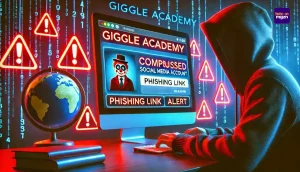 Illustratie van gehackt social media-account met waarschuwingssymbolen en phishinglink, benadrukt cybersecurity bij Giggle Academy.