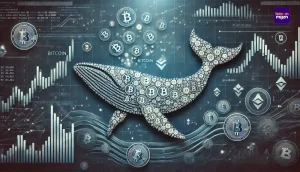 Abstracte afbeelding van een crypto-whale die prijsschommelingen veroorzaakt in de markt, omringd door kleinere crypto-munten zoals Bitcoin.