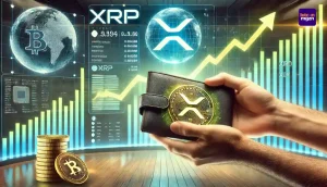 Digitale wallet interface met XRP tokens, stijgende grafiek en futuristische financiële achtergrond die marktgroei en optimisme weergeeft.