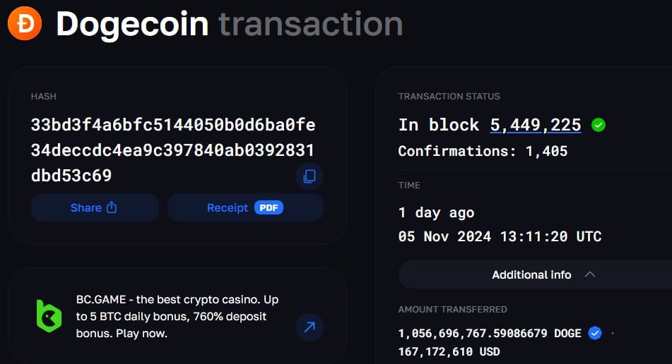 Dogecoin transactie, blockchair