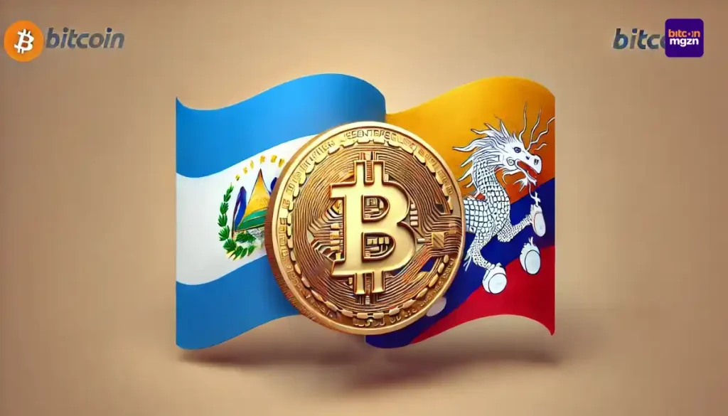 Illustratie van de vlaggen van El Salvador en Bhutan met een goudkleurig Bitcoin-symbool in het midden, symboliserend hun Bitcoin-bezit.