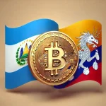 Illustratie van de vlaggen van El Salvador en Bhutan met een goudkleurig Bitcoin-symbool in het midden, symboliserend hun Bitcoin-bezit.