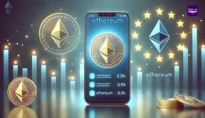 Een interface van een crypto-app met Ethereum staking, gecombineerd met het Ethereum-logo en de EU-vlag op de achtergrond.