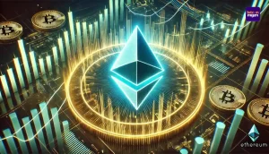 Ethereum logo omringd door grafieken die handelsvolume en consolidatie tonen, in een futuristische digitale stijl zonder tekst.