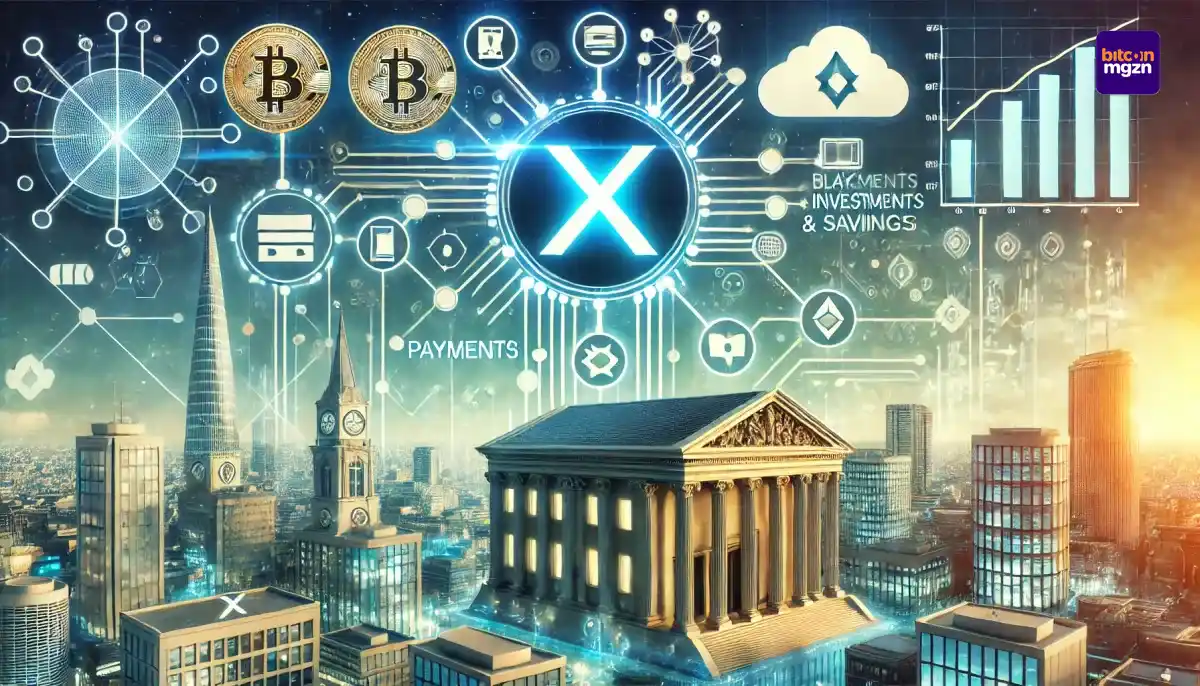 Afbeelding van een futuristisch financieel landschap met X-platform, digitale valuta-symbolen zoals Bitcoin en Dogecoin, en traditionele bankgebouwen, die technologische vooruitgang in de financiële sector tonen