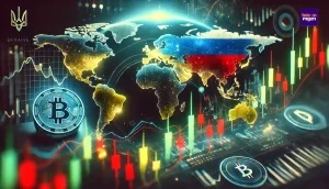 Een gestileerde wereldkaart met Oekraïne en Rusland uitgelicht, gecombineerd met cryptocurrency grafieken die volatiliteit tonen.