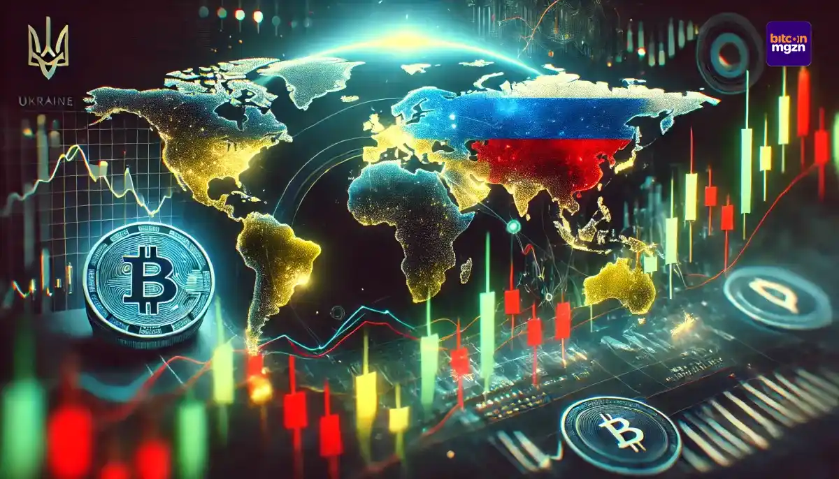 Een gestileerde wereldkaart met Oekraïne en Rusland uitgelicht, gecombineerd met cryptocurrency grafieken die volatiliteit tonen.