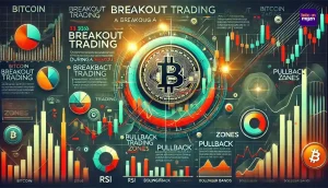 Visuele weergave van Bitcoin breakout trading strategieën met grafieken, indicatoren zoals RSI en Bollinger Bands, en labels voor uitbraak- en pullbackzones.