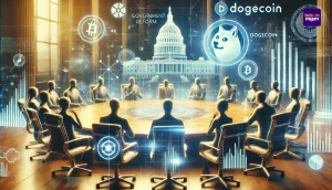 Futuristische vergadering over overheids- en crypto-hervormingen, met holografische grafieken en een Dogecoin-symbool op de achtergrond.