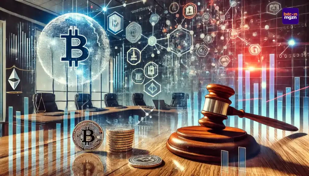Illustratie van institutionele adoptie van crypto met financiële grafieken en blockchain-elementen in een zakelijke setting.