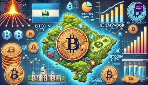 Een gedetailleerde kaart van El Salvador met Bitcoin-symbolen, grafieken en locaties zoals Bitcoin City, benadrukt met digitale technologie en vulkanische energie.