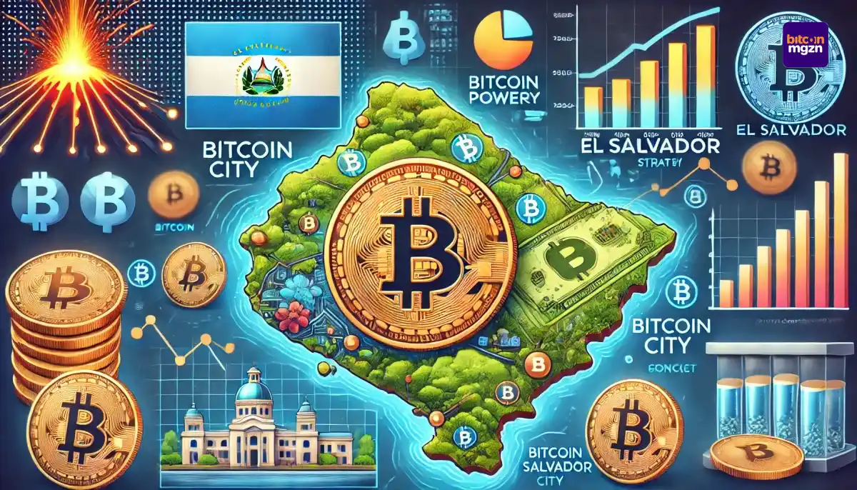 Een gedetailleerde kaart van El Salvador met Bitcoin-symbolen, grafieken en locaties zoals Bitcoin City, benadrukt met digitale technologie en vulkanische energie.