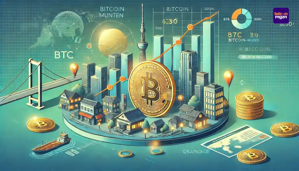 Afbeelding van groeiende Bitcoin-stapel met een stijgende grafiek, obligatiecertificaat, en een skyline van Tokio, die Metaplanet's BTC-strategie illustreert.