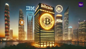 Illustratie van een kantoorgebouw met een prominent Bitcoin-logo, stralend tegen een stadsachtergrond, met kleinere IBM-, Nike- en Johnson & Johnson-logo’s op de voorgrond.