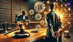 digitale illustratie van een rechtszaal met een verdachte in handboeien en zwevende bitcoin-symbolen, symboliserend crypto-gerelateerde rechtszaken.