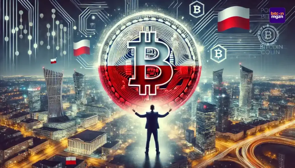 Futuristische afbeelding van Polen met een Bitcoin-symbool in nationale kleuren, symboliserend cryptovriendelijke innovatie.