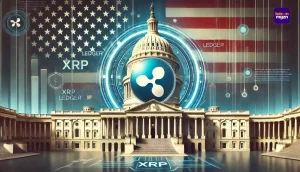 Digitale illustratie van Ripple's logo bij het Capitool, symbool voor de $25 miljoen donatie aan pro-crypto PAC Fairshake en politieke betrokkenheid.