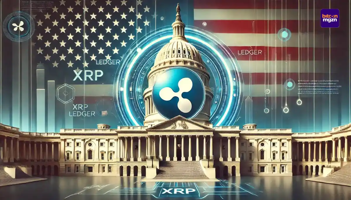 Digitale illustratie van Ripple's logo bij het Capitool, symbool voor de $25 miljoen donatie aan pro-crypto PAC Fairshake en politieke betrokkenheid.