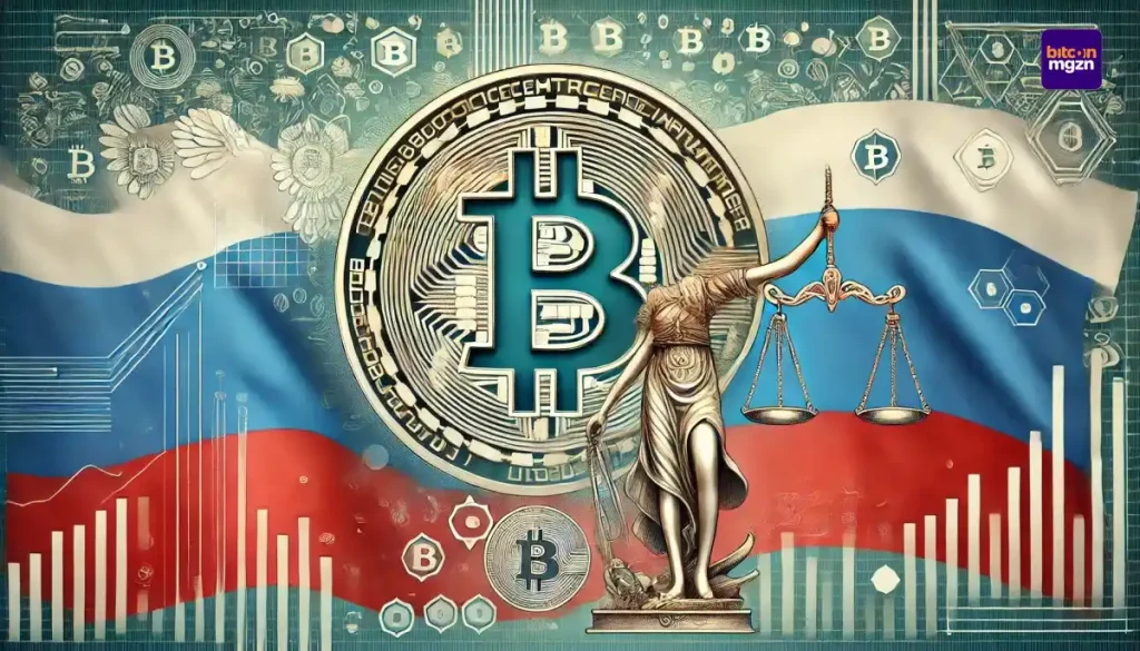 Een illustratie van de Russische vlag met bitcoin symbolen, benadrukkend de officiële erkenning van digitale valuta's als eigendom door Rusland.