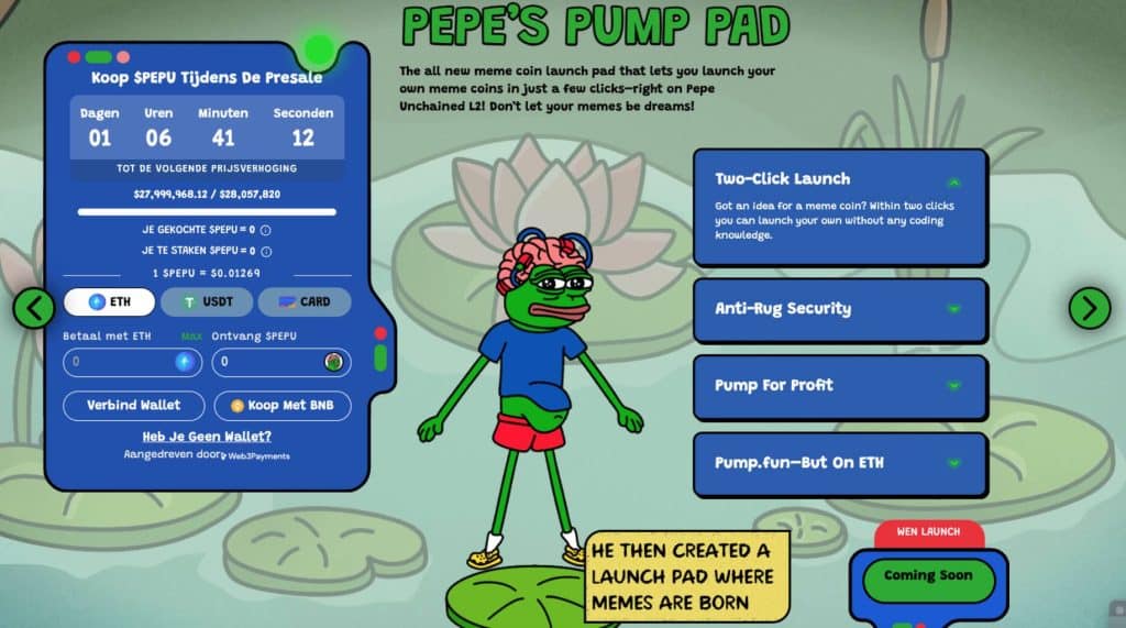 Pepe Unchained ($PEPU) nieuwe upgrade Pepe Pump Pad - Bron: www.pepeunchained.com